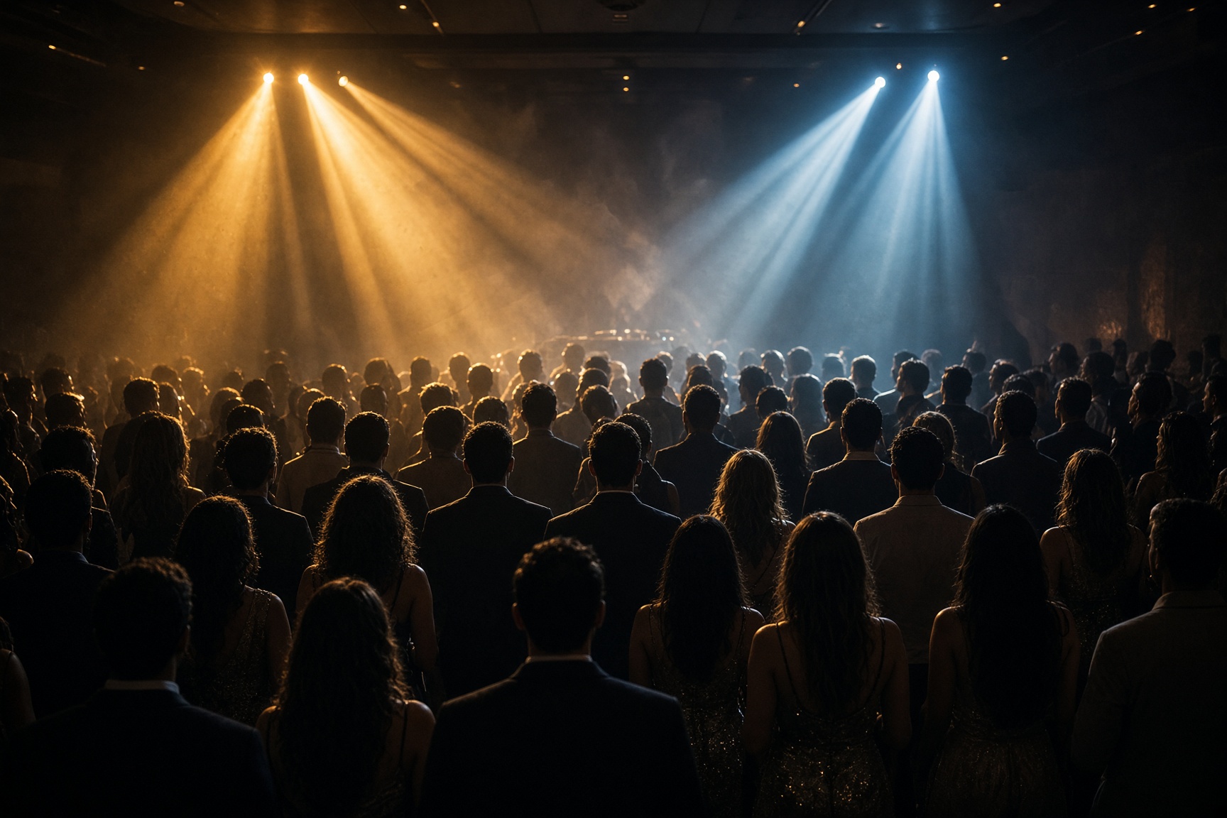 Guests filling an Orlando wedding dance floor under theatrical lighting