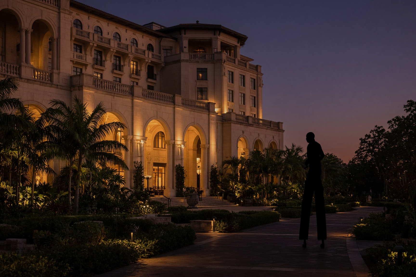 Stilt walker silhouette on luxury resort grounds